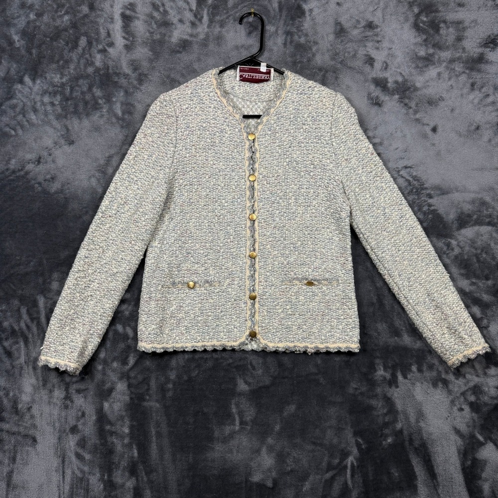 Castleberry Knit Jacket Womens 10 Blue Multi Tweed Gold Button Scalloped Trim